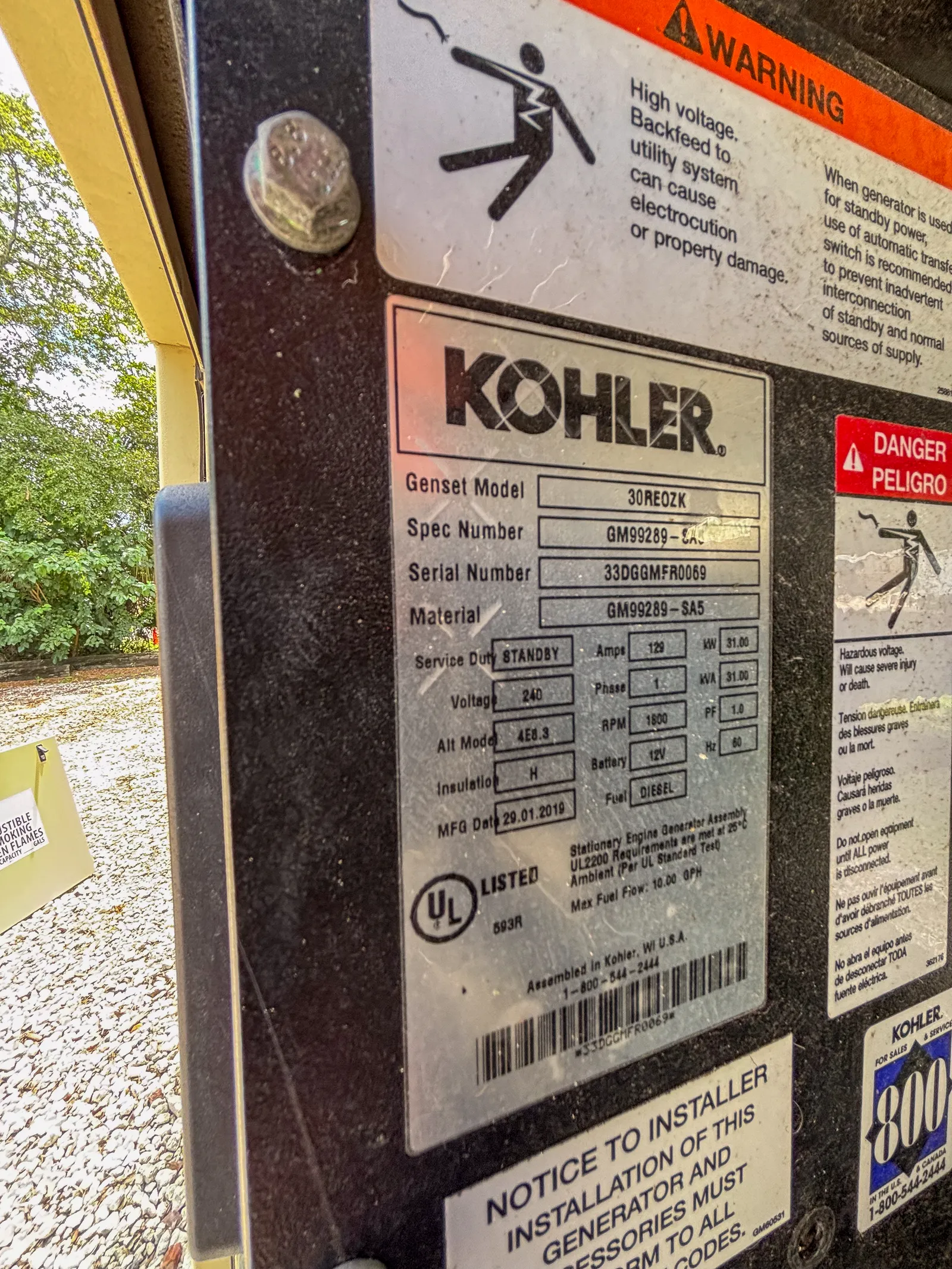 6 31kw kohler industrial generator unit 093636 data tag