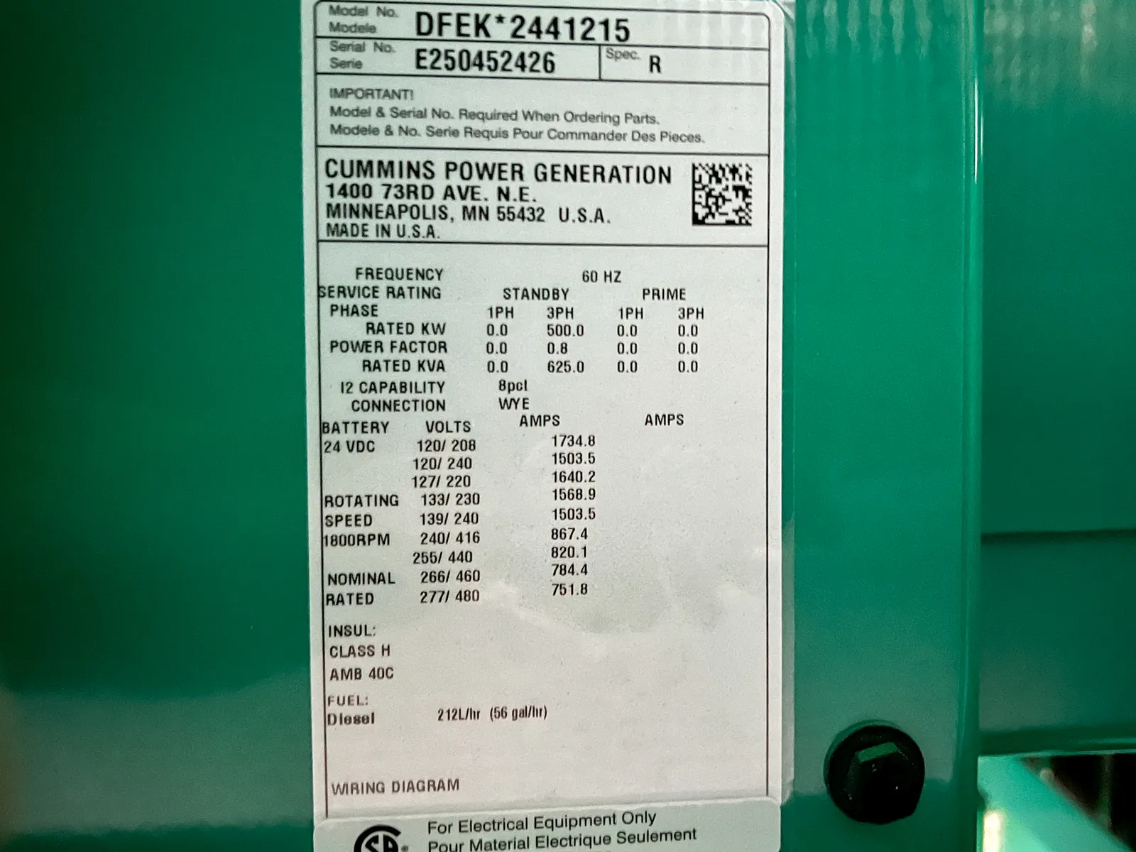 6 500kw cummins industrial generator unit 091495 data tag