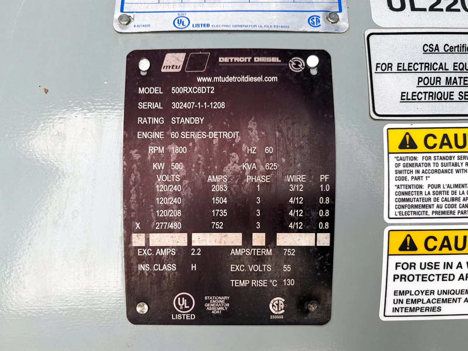 6 500kw mtu industrial generator unit 093563 data tag