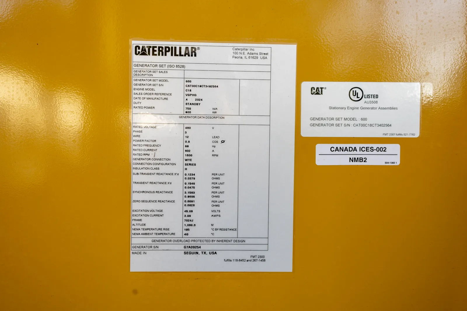 6 600kw caterpillar industrial generator unit 093061 data tag