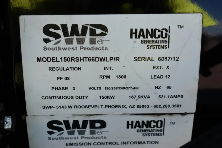 6 150kw swp industrial generator unit 088325 data tag
