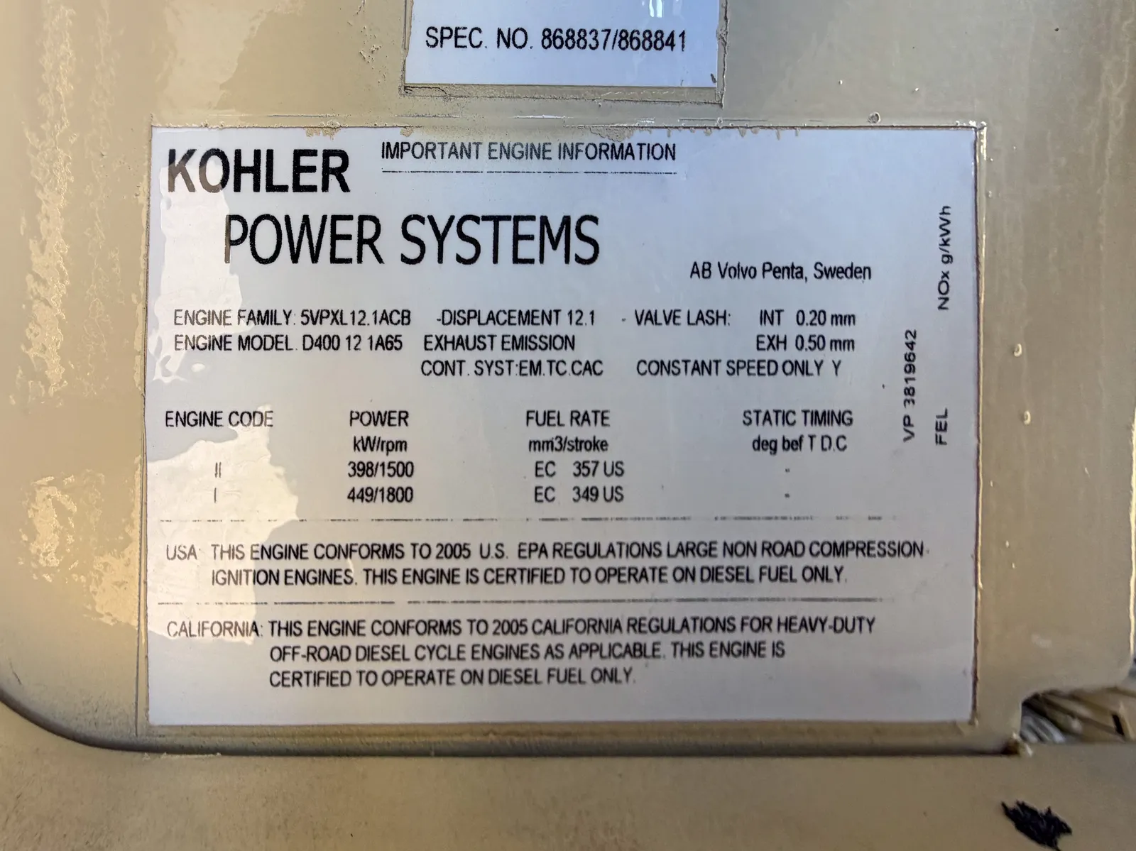 6 400kw kohler industrial generator unit 094155 data tag