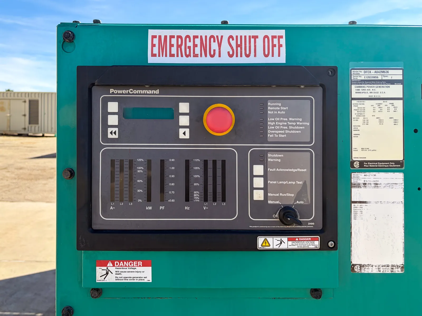 6 500kw cummins industrial generator unit 094111 data tag